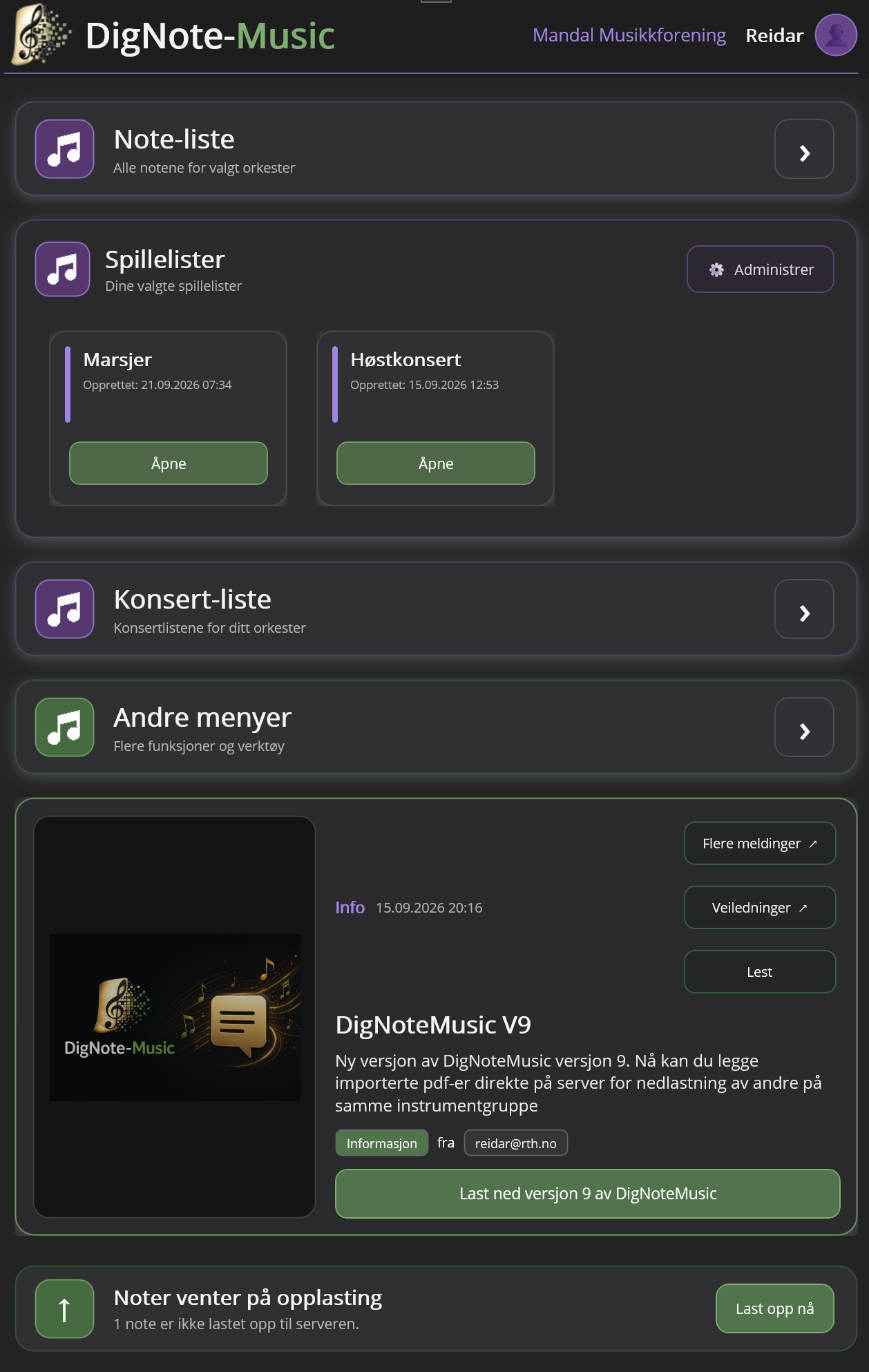 Dashboard i DigNoteMusic